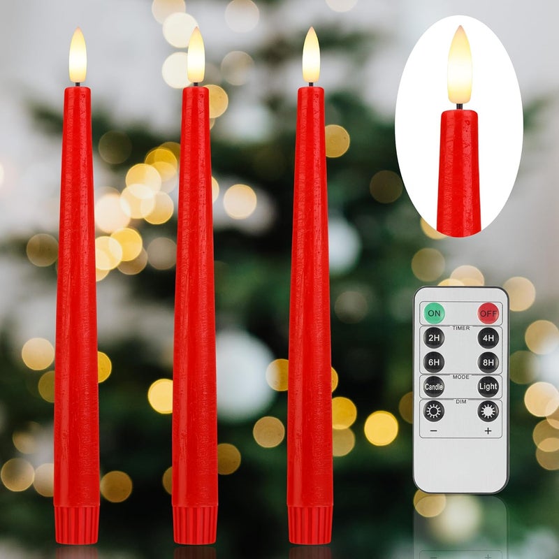 AFINETH Red Flameless Taper Candles with 3D Wick, 9.6" Real Wax LED Candles with Remote and Timer, 3 Pack Flickering Candlesticks Battery Operated, Classic Tall Taper Candle for Home, Wedding, Party - Image 1